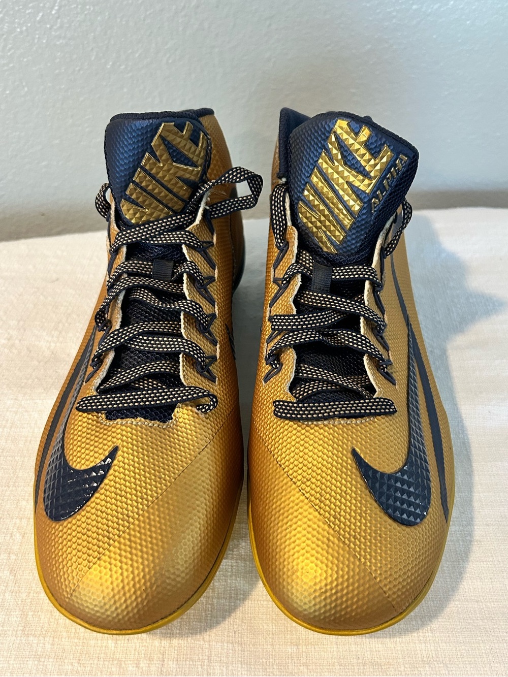 Nike Alpha Pro 2 Strike 3/4 D Promo Sample Cleats Size 13.5 Navy Gold PE